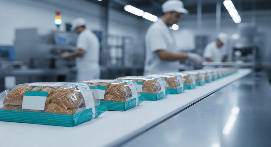 Bread loaves in MibaStar packaging moving down a bakery production line