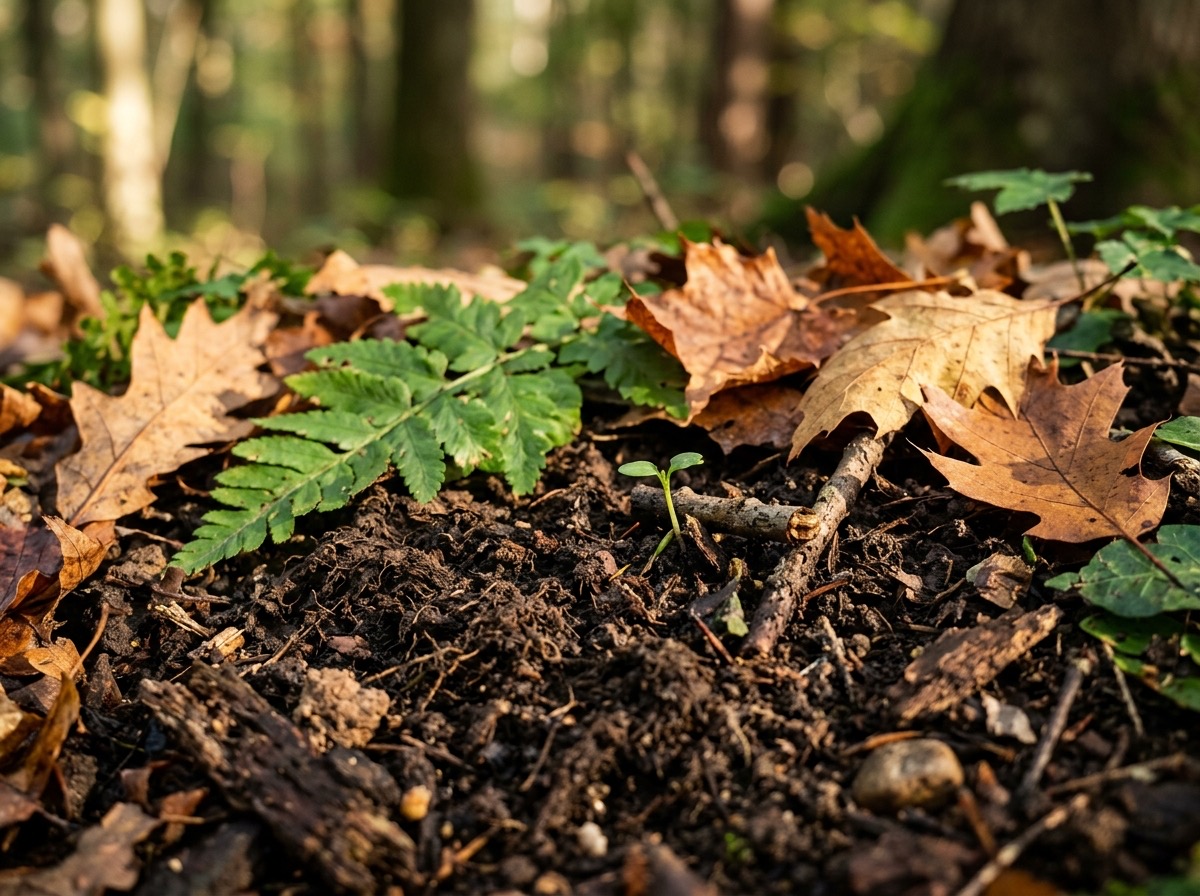 Forest floor of dark soil, fallen leaves and a young sprout